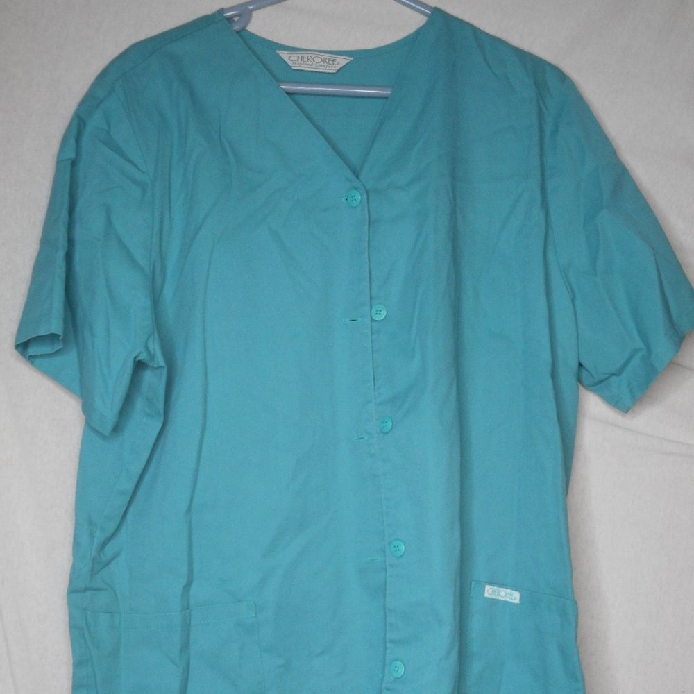 Blue Green Button Front Coat Jacket Scrub Top - Picture 1 of 6